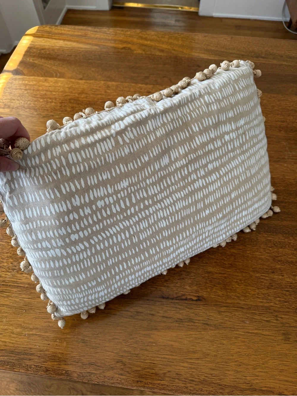 Custom Rebecca Atwood Lumbar Pillow with Jute Pom Pom Trim - 12x18